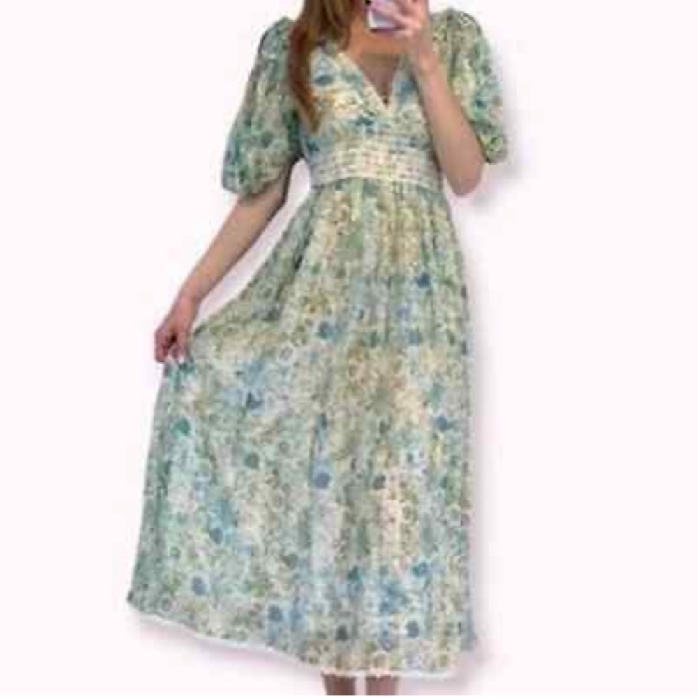 New Revolve Rococo Sand short puff sleeve metallic gold blue maxi dress small